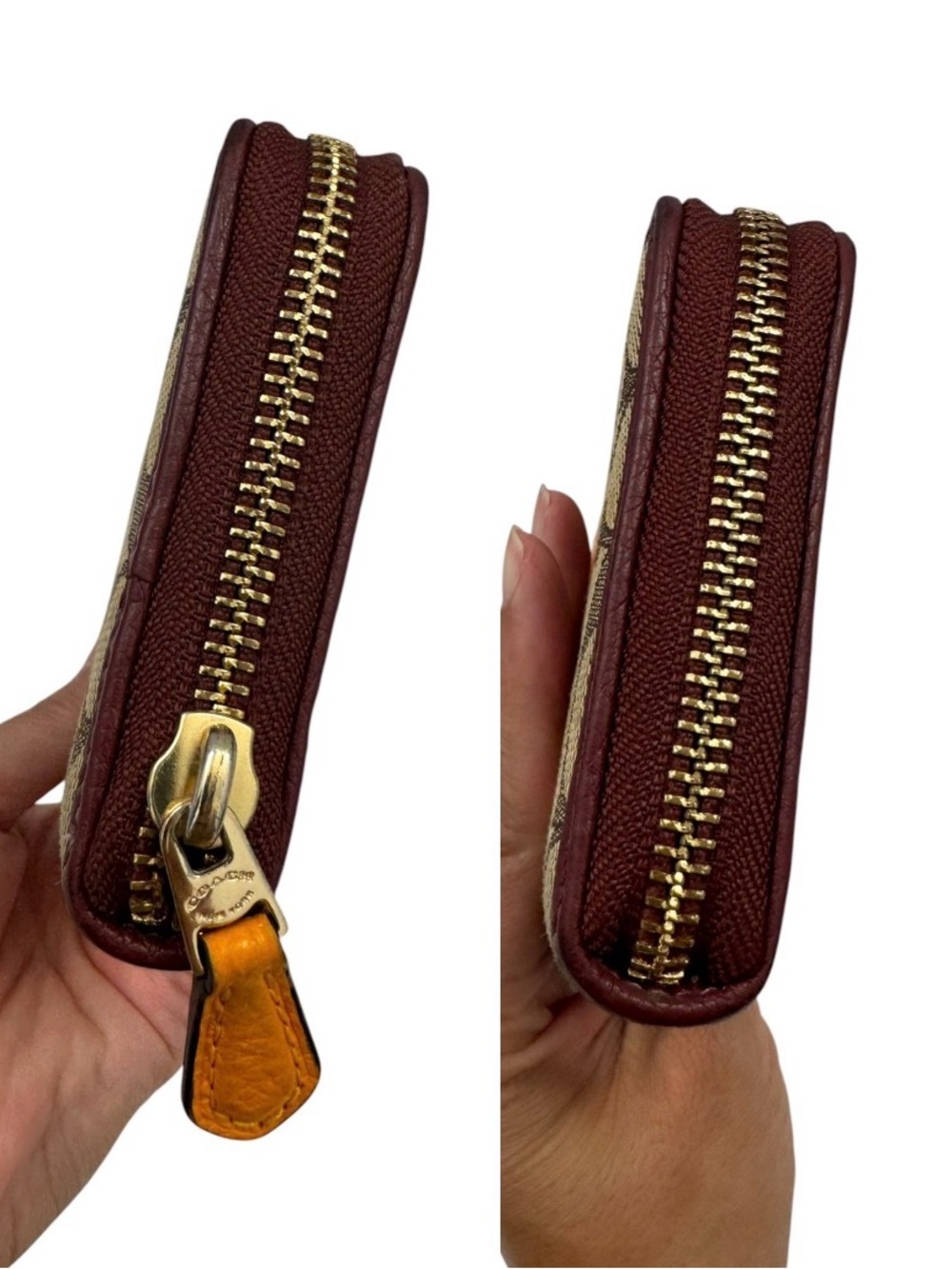 COACH Dempsey Signature Zip Around Wallet in Brown with Orange Patch - Picture 5 of 14